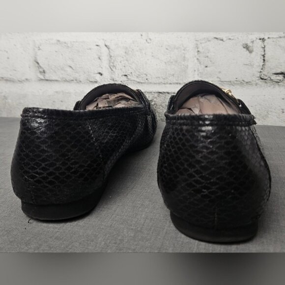 Chic Black Faux Snakeskin Loafers | Gold Bit Detail | Classic Size 8 Flats - Picture 5 of 11